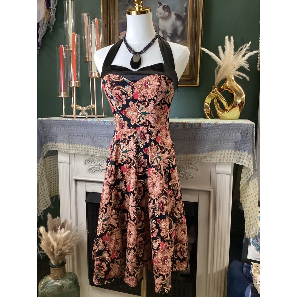 Dress Tells Halter Paisley Fit and Flare Dress Black Pink Small Corset Back